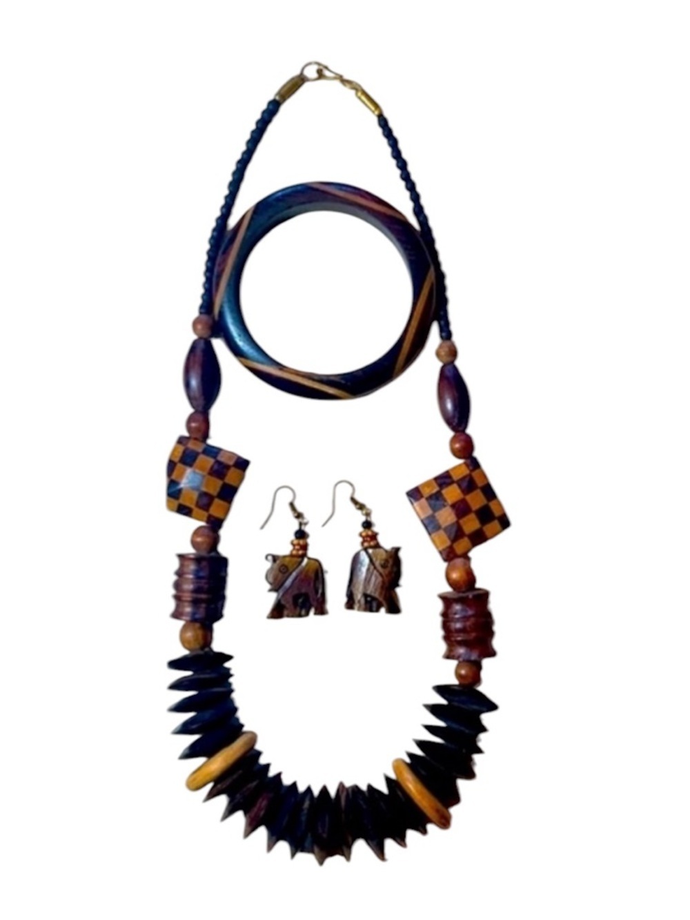 VINTAGE WOOD Jewelry set, necklace, elephant earrings, bracelet. VTG EUC